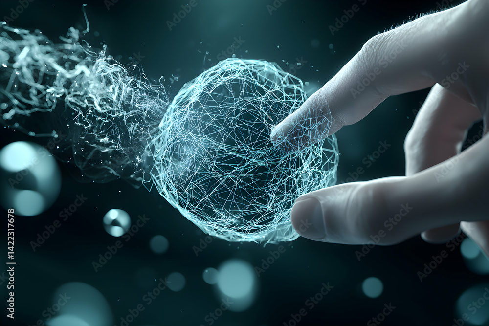 Poster a hand touches a glowing sphere made of interconnected lines. suggests technology and future interac