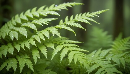 Fototapeta premium Lush green fern leaves capture the essence of a vibrant forest environment with water drops.