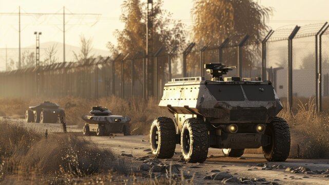 Futuristic autonomous military robots patrolling a desolate landscape.