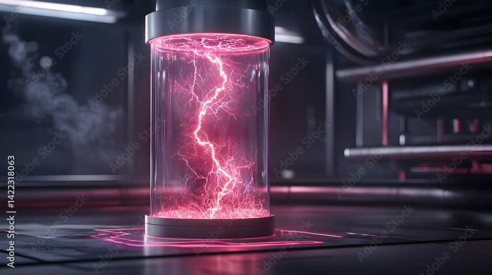 Poster a glowing cylinder contains vibrant pink lightning generating immense power. use this image to repre