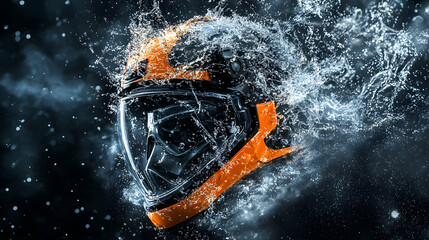 An artistic render of a diving mask submerged in water. It is a great promotional image for diving gear and aquatic activities.