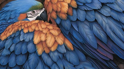 Fototapeta premium Blue-orange bird with spread wings & black-white stripe on chest