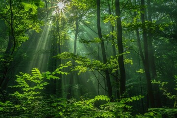 Fototapeta premium Sunlight streams through the dense canopy of a verdant forest, illuminating the lush foliage, An enchanting forest with vibrant green foliage and sunlight streaming through the canopy