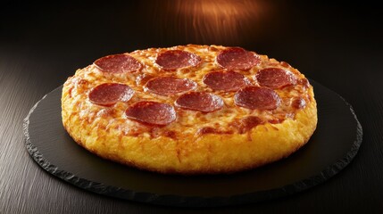 Delicious Pepperoni Pizza on Black Slate Plate with Golden Crust and Melted Cheese in Warm Light