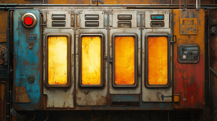 Grungy sci-fi control panel with glowing orange windows, buttons, and wires in a futuristic industrial setting