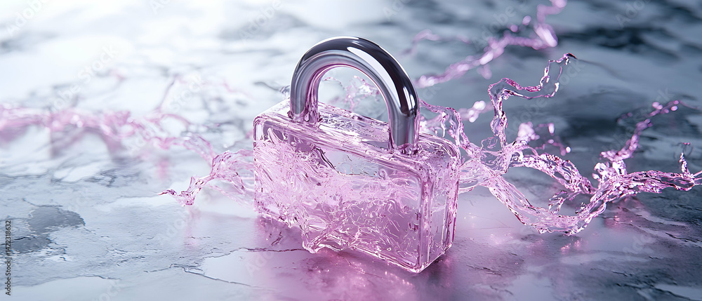 Poster a padlock made of liquid in a splashy scene. this image would be great for tech security ads or abst
