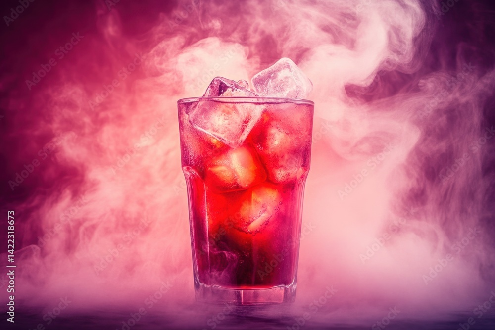 Poster refreshing red cocktail with ice cubes against a smoky backdrop creating a vibrant and energetic moo