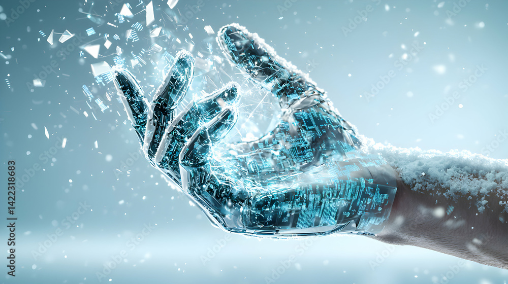 Aufkleber a futuristic robotic hand covered in ice and snow shattering into pieces representing technology's f
