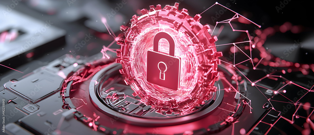 Poster a digital padlock represents cybersecurity a concept illustrated within technological infrastructure