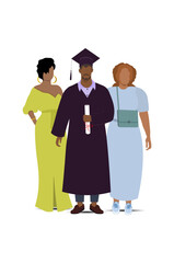 Happy friends embrace and congratulate a male graduate in a cap and gown holds his diploma. Education, learning and studying. Vector Not AI generated