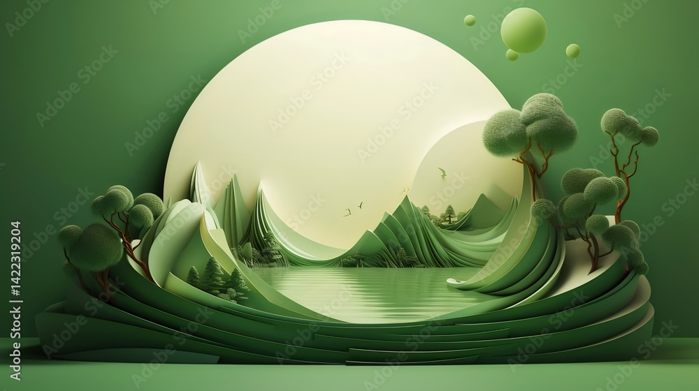 Poster 緑色を基調とした抽象的な風景デザイン 穏やかな湖と木々 丸い背景に3dレンダリング