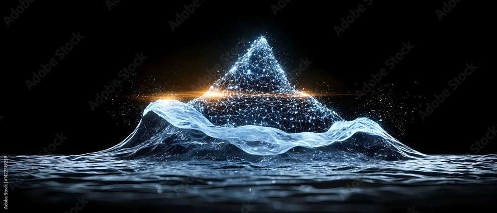 Poster abstract digital art depicting a network pyramid rising from water suggesting interconnectedness. it