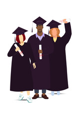 Graduate students in caps and gowns hold their diplomas. A joyful moment of achievement and celebration. Vector Not AI generated