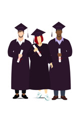  Young graduates in caps and gowns holding diplomas. University friends. Vector Not AI generated