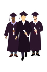 Three university students in caps and gowns holding their diplomas. Education and graduation concept. Vector Not AI generated