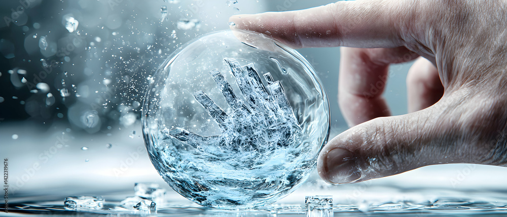 Poster a hand touches a glass sphere containing a water hand within. the artwork could symbolize vulnerabil