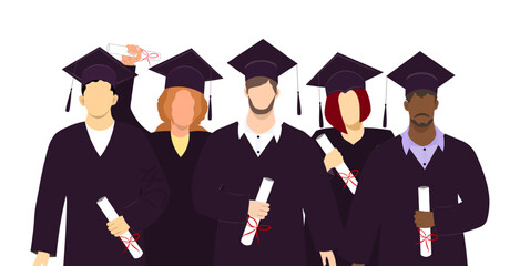 Portrait of a group of graduating students in caps and gowns posing together while holding their diplomas. Multiracial university friends. Vector Not AI generated