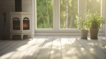  Warm living room interior with stove and window
