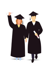 University students life. A couple in caps and gowns hold hands and celebrate their graduation, holding their diplomas. Vector Not AI generated