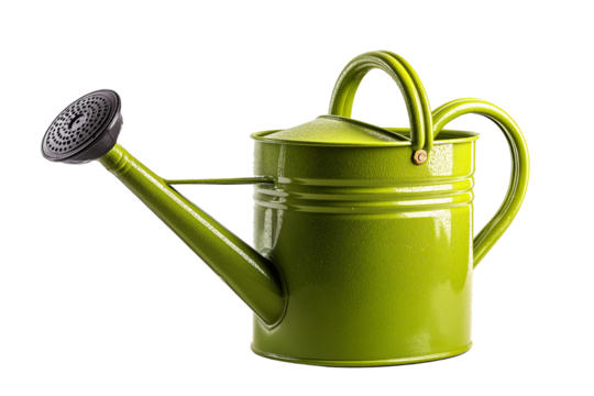 Green Metal Watering Can Isolated on Transparent Background, Cut Out. PNG for Gardening and Home Decor Use