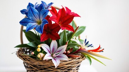 Rustic Elegance: Blue, Red, and Silver Polemonium with Hoya and Strelitzia in a Twig Basket