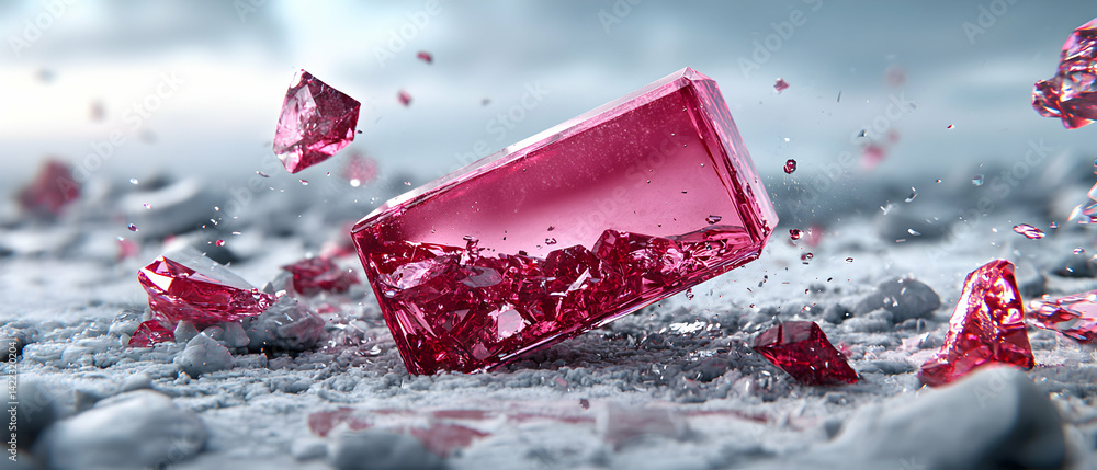 Poster a striking image of a shattered pink gem scattering fragments across a textured surface. use it for 