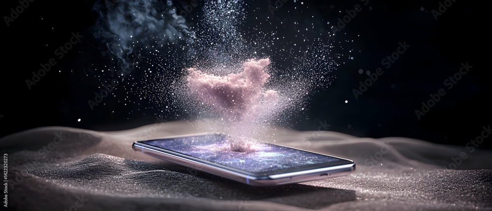 Poster a smartphone rests on textured terrain with a cosmic explosion emanating from its screen suggesting 