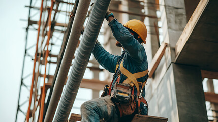 Fototapeta premium Construction Worker Installing Pipes at a Building Site