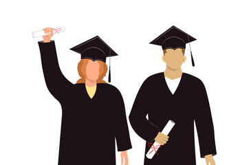 Two students celebrating graduation, both in traditional caps and gowns. They represent university or college graduates. Vector Not AI generated