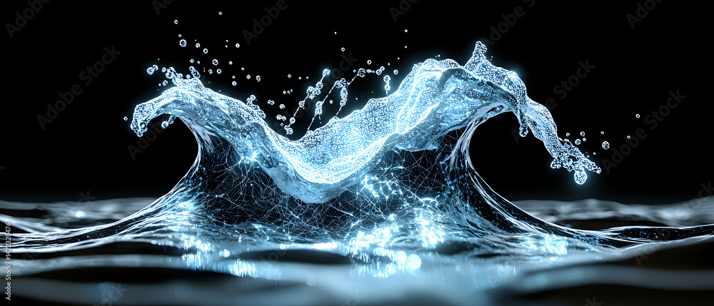 Poster a digital wave crests showcasing interconnected particles and glowing effects. suggests data visuali