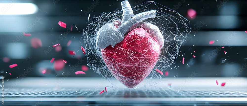 Poster a conceptual artistic depiction of a heart floating amid a delicate network. suggests fragility and 