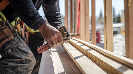 Construction Worker Using Hammer on Wooden Frame
