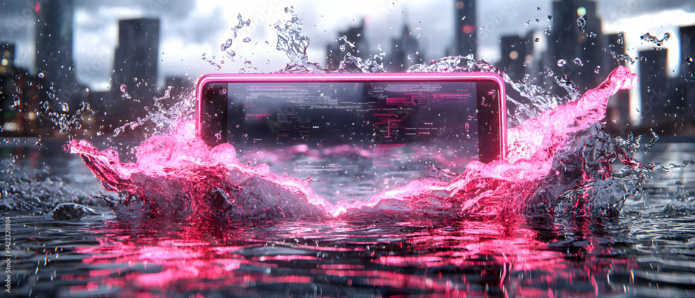 Poster a glowing smartphone is submerged in water surrounded by a pink splash. it suggests digital immersio