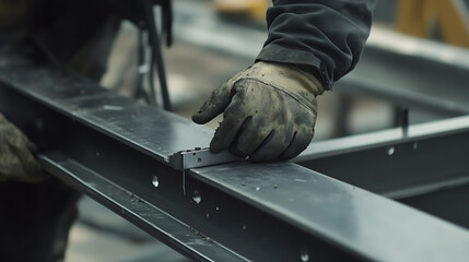 Worker's Hand in Glove Handling Metal Beam