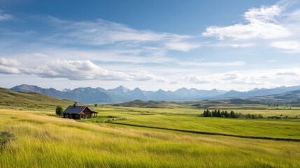Obraz premium Scenic landscape featuring a rustic cabin in a vast green field under a blue sky