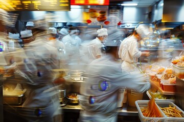 A blurred image of cooks in a fast food kitchen preparing food, An artistic representation of a bustling fast food restaurant kitchen