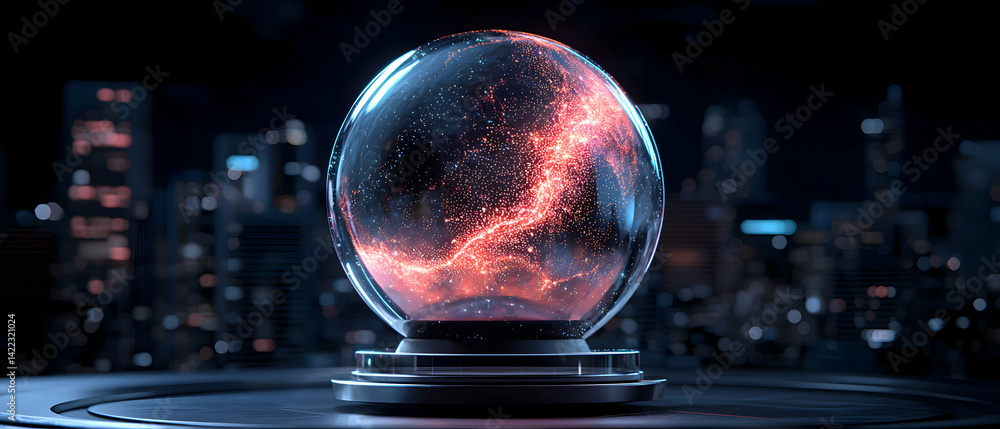 Poster futuristic crystal ball with vibrant energy swirls set against a blurred cityscape. use this for sci