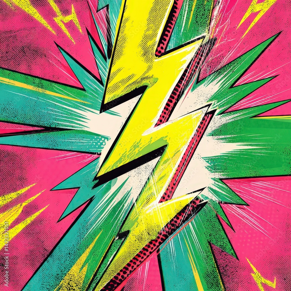 Poster vibrant abstract design with bold colors and dynamic lightning motifs.
