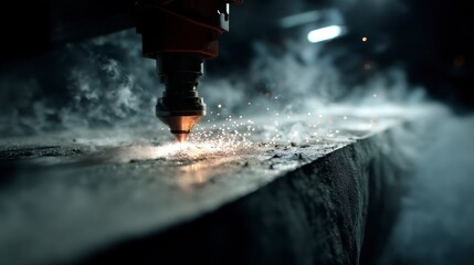 A close-up of a laser cutting machine in action, producing sparks and smoke while cutting through material.