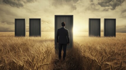 Man in suit stands before closed door in an open field