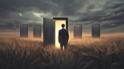 Man in suit stands before portal door in an open field, embodying idea choise, new beginnings and limitless possibilities that lie ahead
