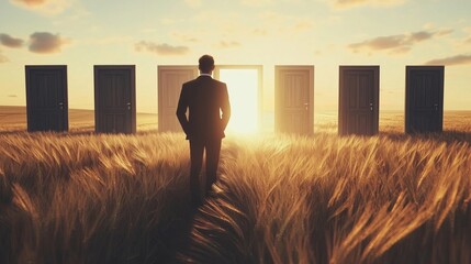 Silhouette of a man standing in front of an open door behind which one can see a light, the concept of the path of life, the choice that every person goes through