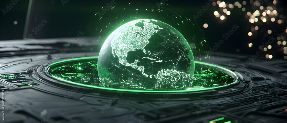 Poster a futuristic digital earth glowing green. it sits on a high tech surface. ideal for technology relat