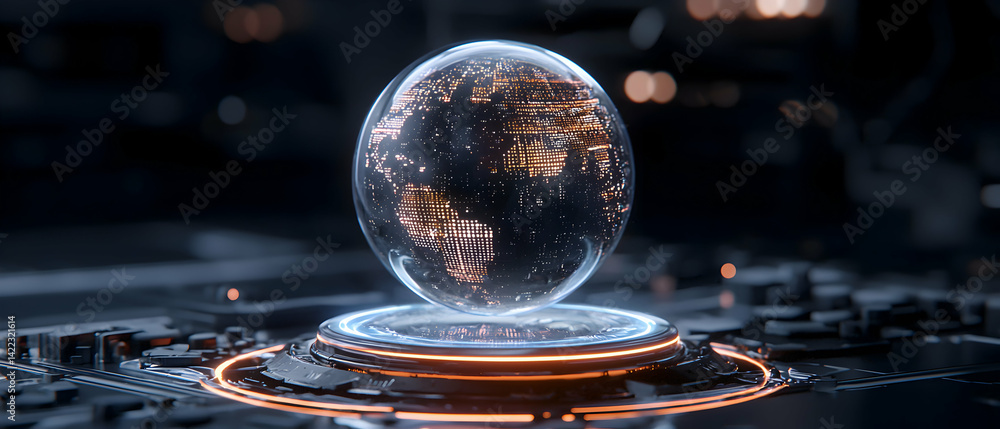 Poster a futuristic sphere depicting a digital world. perfect for tech startups or concepts related to glob