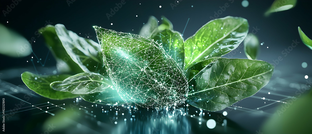 Aufkleber digital leaf concept with glowing network overlay. suggests eco-friendly tech sustainable solutions 