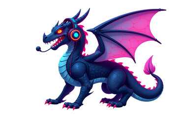 Fototapeta premium Cartoon gamer dragon wearing headset with microphone, playfully combining fantasy and technology, on a transparent background [with a space to copy]