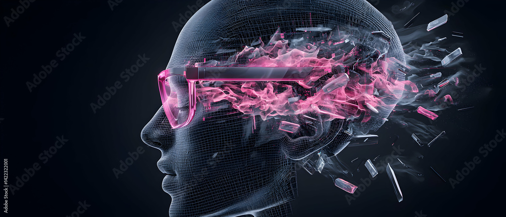 Poster digital art depicts a wireframe head wearing augmented reality glasses. pink energy explodes represe