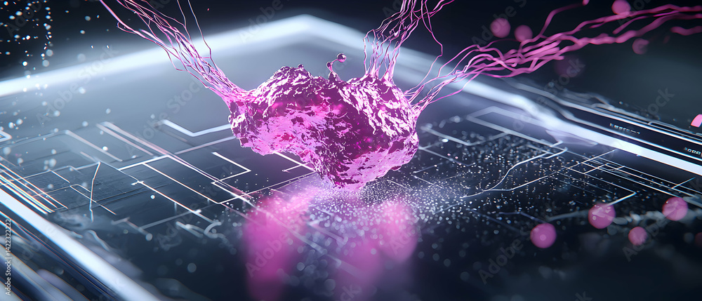 Poster a vibrant abstract depiction of biological matter integrating with digital circuitry. suggests theme