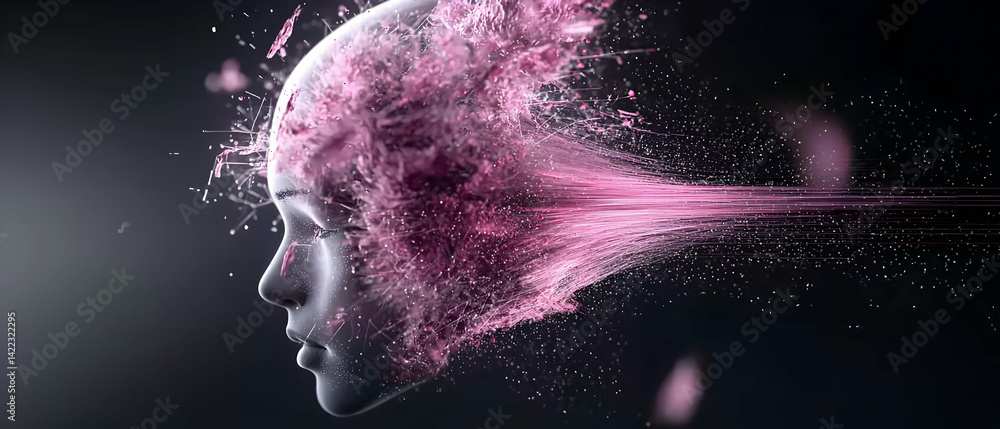 Aufkleber digital art depicts a head with pink particles forming a brain-like cloud. suggests data visualizati