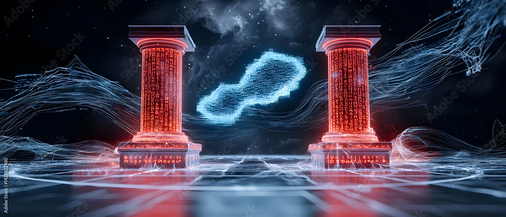 Aufkleber a futuristic scene showcasing glowing pillars connected by data streams and a cloud-like structure p